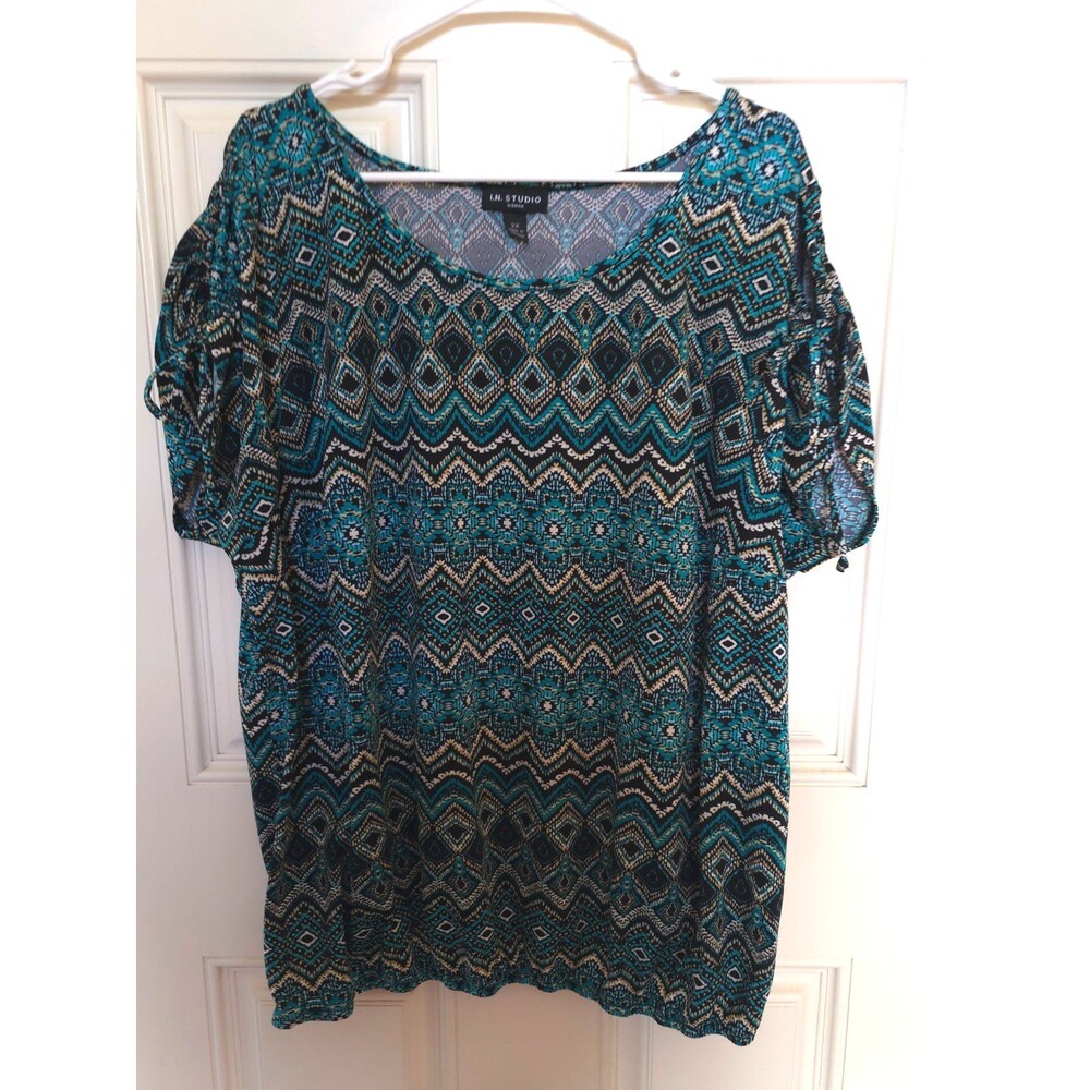 I.N. Studio Womens Blouse Black Teal Tan Tied Sleeve Stretch Bottom Size 2X